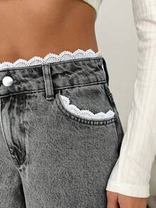 EURMUSE WOMEN DENIM WIDE LEG MID WAIST LACE BELT DETAIL JEANS - Grey - View 6