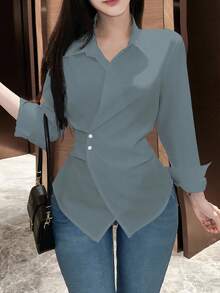 SHEIN LUNE 女士纯色不对称下摆交叉裹身优雅长袖女式衬衫 - 中等水洗藍 - 查看 3