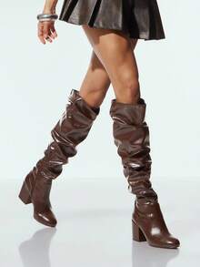 SHUZIA Bốt cao đến đầu gối, mũi nhọn, gót dày, thường ngày cho nữ - Màu nâu Sô-cô-la - Xem 5