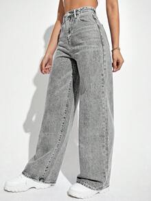 SHEIN Cottnline بنطلون جينز نسائي بخصر منخفض وفضفاض وبسيط ذو لون أحادي مع حزام الخصر - رمادي - مشاهدة 3