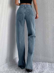 SHEIN Tall 100%纯棉高腰毛边阔腿牛仔裤 - 淺色水洗藍 - 查看 4