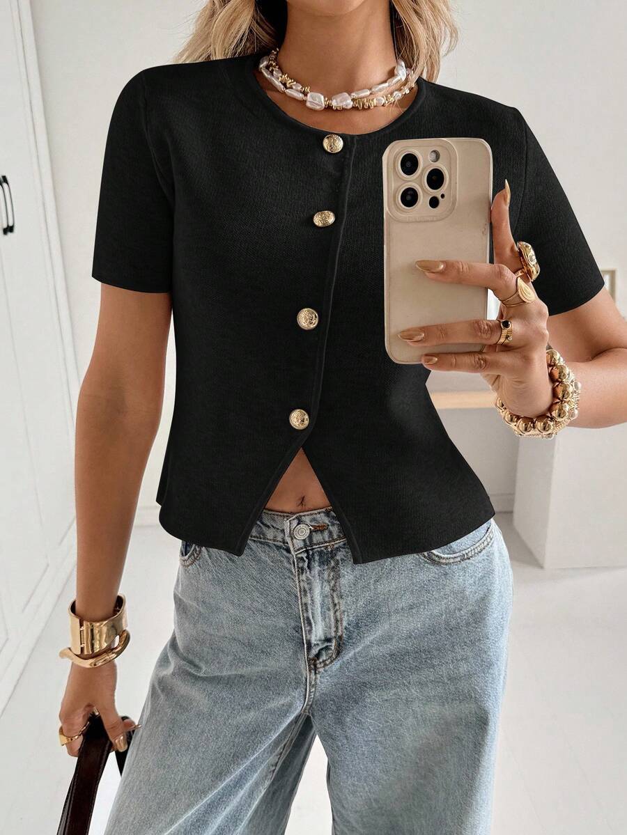Siren Gaze Casual Solid Color Slim Fit Short Sleeve Button-Up Cardigan For Women,Fall Black Summer - Black - View 1