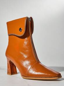 SHUZIA 女士日常休闲舒适尖头粗跟翻折踝靴 - 巧克力棕 - 查看 5