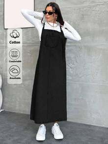 EURMUSE WOMEN LONG DENIM DRESS POCKET DETAILED - Black - View 3