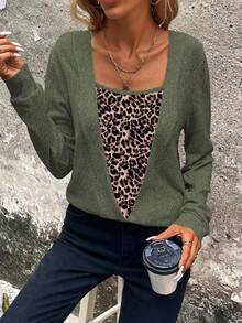 EMERY ROSE Women's Autumn/Winter New Arrival Bestselling Leopard Print Patchwork Design Casual Sweatshirt - Multicolor - View 4