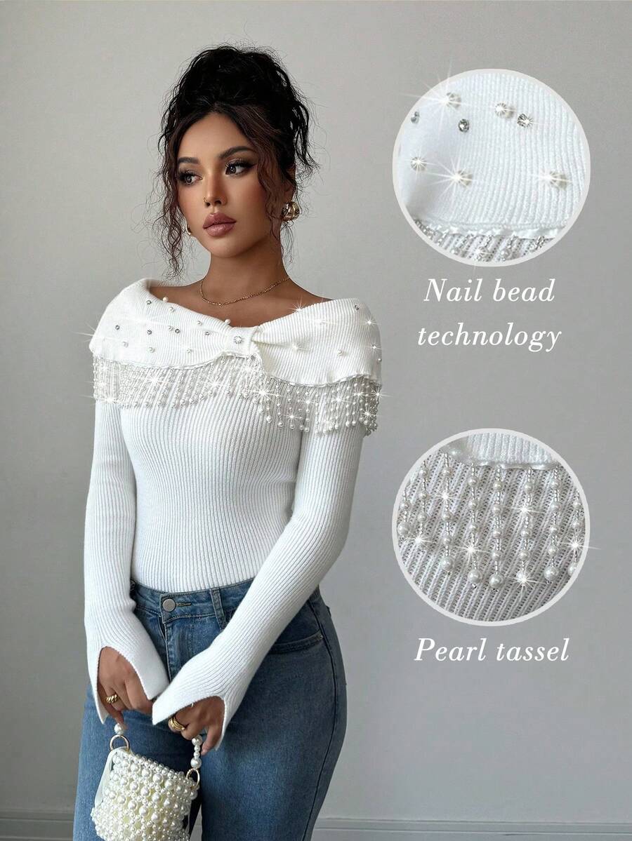 Elenzga 优雅浪漫的针织毛衣，适合女士，喇叭袖口，蝴蝶结，珍珠和流苏装饰，腰部收紧 - 白色 - 查看 1
