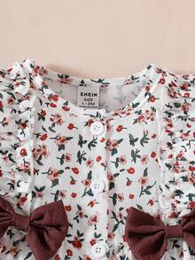 SHEIN Đầm bé gái sơ sinh cổ tròn xếp nếp họa tiết quả anh đào hoạt hình tay dài nơ đỏ thanh lịch và dễ thương, phù hợp với mọi mùa, phong cách mới - màu nâu - Xem 5
