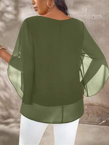 EMERY ROSE Plus Size Women's Sheer Cap Sleeve Blouse - Army Green - View 2
