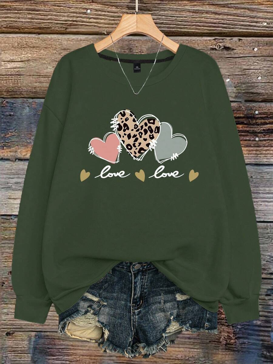 EMERY ROSE 大码女式真挚别致浪漫心形图案印花休闲圆领毛衣，秋冬 - 軍綠色 - 查看 1