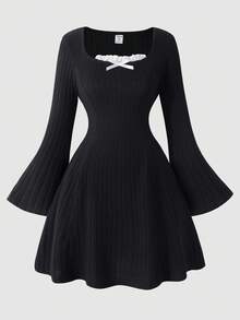 Vestido de línea A con cuello de lazo elegante vintage, mangas acampanadas acanaladas para adolescentes - Negro - Ver 3