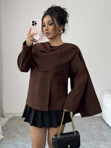 SHEIN Elenzya 秋冬复古巧克力色披肩领夹克 - 棕色 - 查看 5