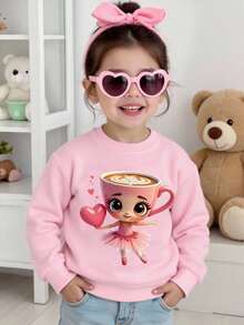 SHEIN Girls Casual Fashionable Creative Cartoon Cup Ballet Girl Heart Graphic Print Basic Crew Neck Sweatshirt Ballerina Sweatshirt Pink Sweatshirt For Girls Graphic Sweatshirt For Kids Girls Sweatshirts For Kids Fall Winter