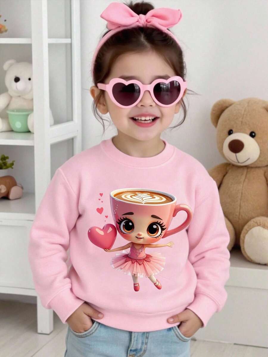 SHEIN Girls Casual Fashionable Creative Cartoon Cup Ballet Girl Heart Graphic Print Basic Crew Neck Sweatshirt Ballerina Sweatshirt Pink Sweatshirt For Girls Graphic Sweatshirt For Kids Girls Sweatshirts For Kids Fall Winter