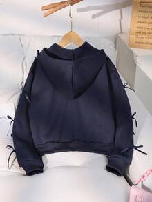 Sparklyn Áo khoác cho bé gái tuổi teen, Áo khoác nỉ nơ thời trang màu trơn, Vải nỉ lót nhiệt dày thoải mái, Trang trí tay áo nơ, Phong cách trẻ trung và năng động, Thích hợp cho mùa tựu trường hoặc mặc ngoài trời hàng ngày Thu Đông - Xanh đậm - Xem 2