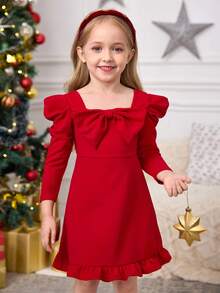 SHEIN 年轻女孩喇叭袖、羊腿袖、大领结红色圣诞礼服，适合日常穿着、休闲场合、优雅派对或生日派对，公主裙，圣诞节红色。 - 紅色 - 查看 12