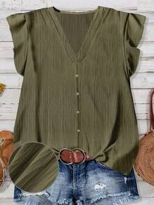 EMERY ROSE Chemise ample à col en V et manches courtes pour femmes, vert olive