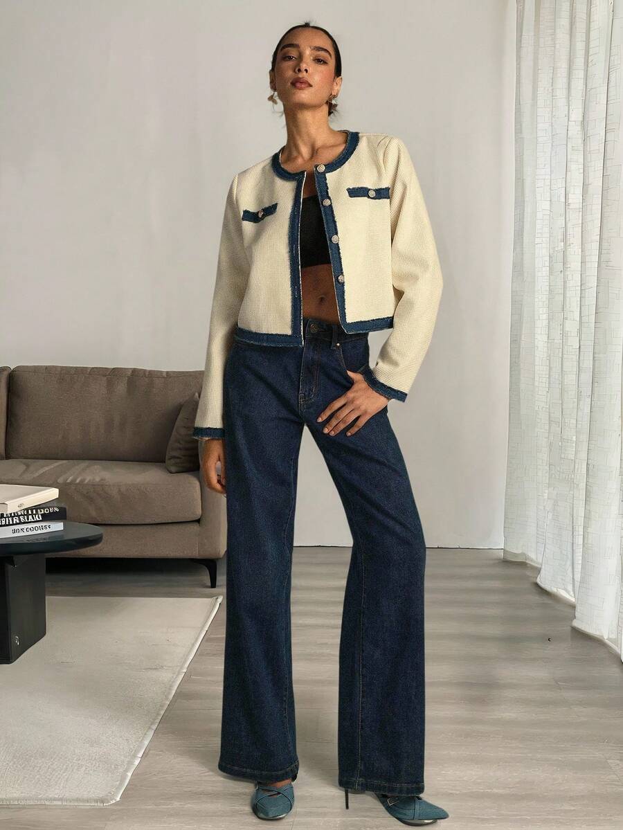 Modelyn Autumn/Winter Apricot Tweed Texture Patchwork Denim Ribbon Long Sleeve Jacket With Golden Buttons, Elegant And Fashionable Outerwear - Apricot - View 1