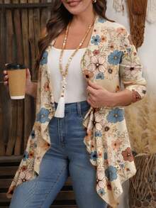 EMERY ROSE Plus Size Women Khaki Ditsy Floral Long Sleeve Jacket, Suitable For Autumn/Winter Fall - Multicolor - View 5