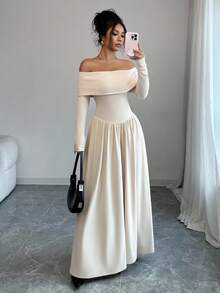 Selianne Women's Elegant Off Shoulder Ruched A-Line Long Sleeve Maxi Dress, Simple Solid Color, Apricot, Autumn/Winter - Apricot - View 3