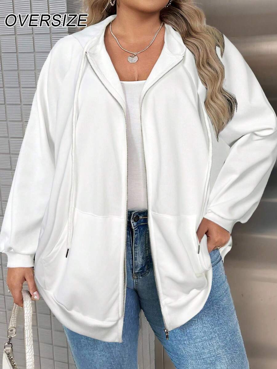 SHEIN CURVE+ Felpa con cappuccio con chiusura lampo e maniche a raglan, con coulisse, top autunnale, abbigliamento autunnale da donna taglia comoda