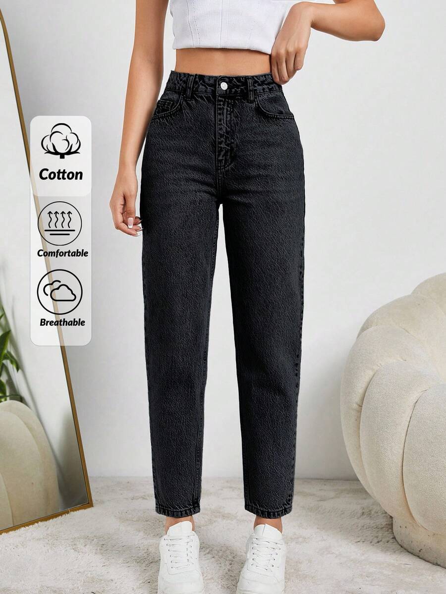SHEIN Tall 妈妈装高腰浅蓝色牛仔裤 - 深灰色 - 查看 1
