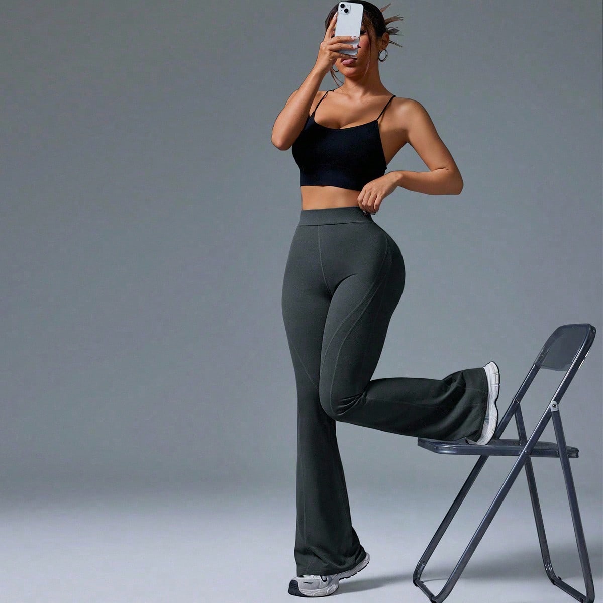Pantalones acampanados de cintura alta de unicolor, de estilo casual para mujeres