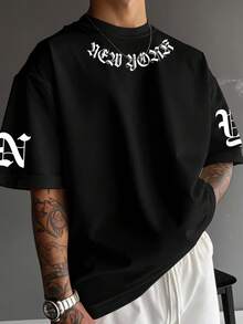 Manfinity EMRG 男士字母印花宽松休闲圆领短袖T恤 - 黑色 - 查看 1