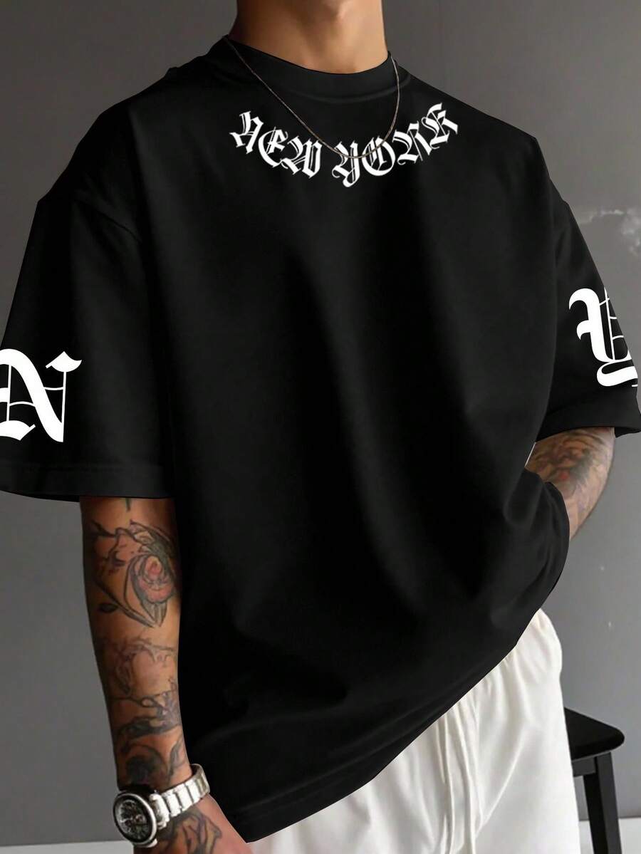 Manfinity EMRG 男士字母印花宽松休闲圆领短袖T恤 - 黑色 - 查看 1