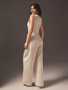 Hauture 女士性感休闲筒形前拉链无袖办公室连体裤 - 杏色 - 查看 6