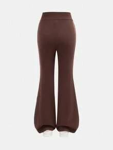 SHEIN Serisse Kids Bộ 2 món áo thun tay dài màu nâu cà phê trơn đơn giản và quần ống loe cho bé gái tuổi teen, phù hợp mặc hàng ngày vào mùa thu/đông - Cà phê nâu - Xem 7