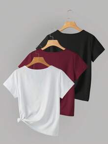 INAWLY 3 件套女式 V 领短袖 T 恤，百搭户外休闲简约风格，经典黑色、白色、酒红色，夏季 - 彩色 - 查看 2