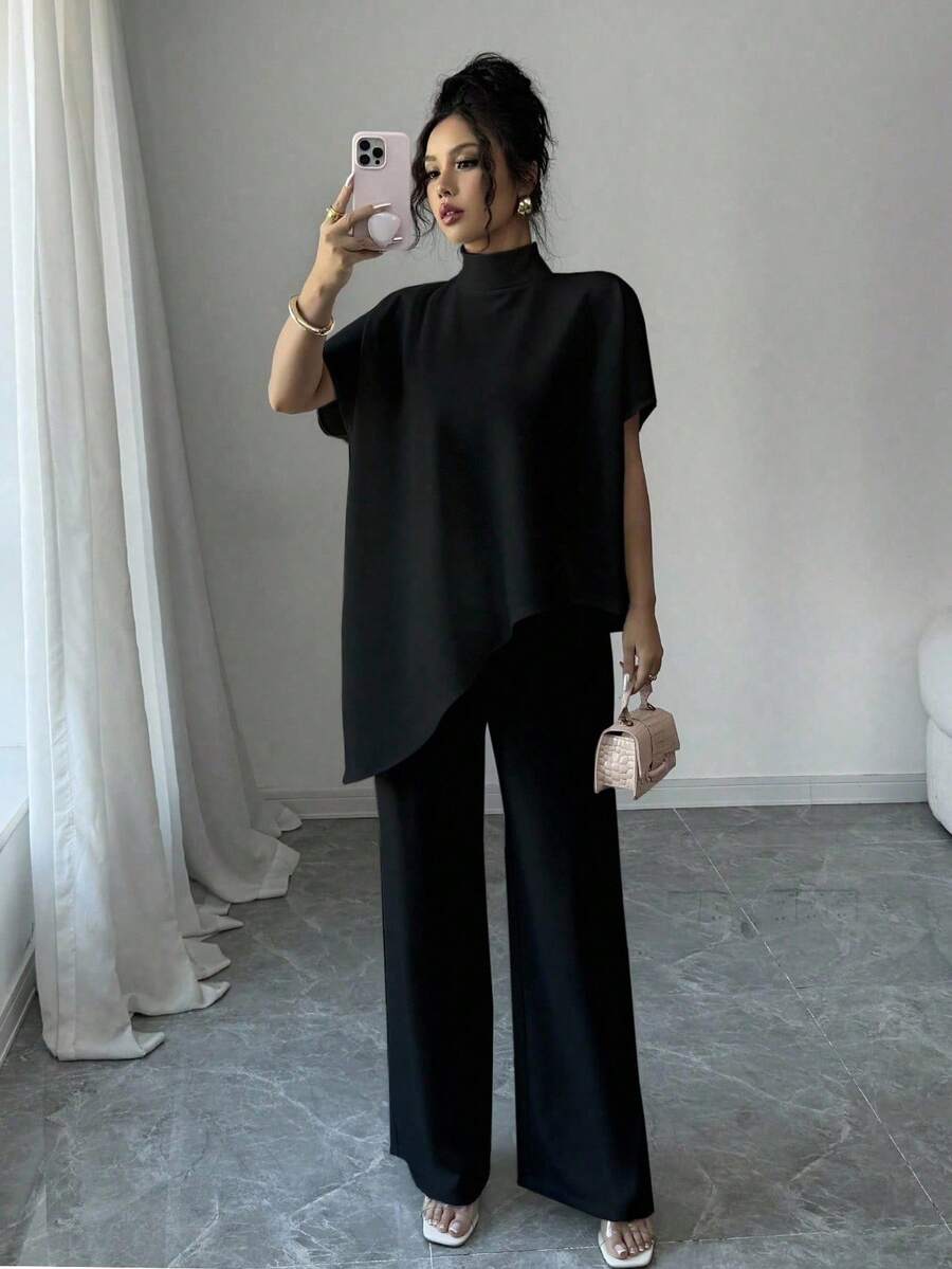 Elenzga 2 件套女士套装包括立领不对称上衣和裤子 - 黑色 - 查看 1