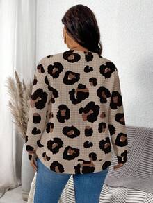 EMERY ROSE Lässiger minimalistischer Leoparden-Muster Muster Loose Fit Rundhals Langarm Waffel-Strick Sweatshirt für Frauen, Herbst/Winter, Weißer Sweatshirt, Herbst Sweatshirt - Verschiedenfarbig - Übersicht 2