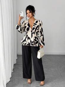 Elenzga Plus Size Women's Solid Color Leaf Print V-Neck Long Sleeve Ruffle Trim Elegant Blouse + Loose Casual Solid Color Pants 2 Pieces Set - Apricot - View 5