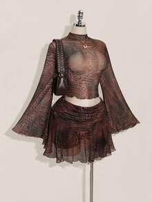 SHEIN ICON 大码女式喇叭袖音乐节豹纹衬衫，豹纹褶饰腰部开衩 A 字迷你裙套装，适合派对、约会、街头、城市度假、音乐节、夏季海滩 - 棕色 - 查看 6