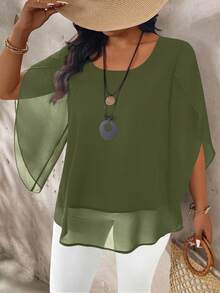 EMERY ROSE Plus Size Women's Sheer Cap Sleeve Blouse - Army Green - View 5