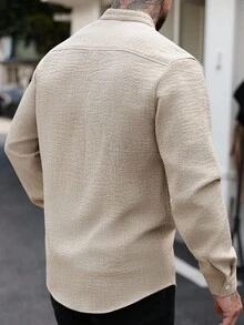 Manfinity Homme 男士休閒商務通勤純色長袖鈕扣襯衫，紋理皺褶雙口袋輕便通勤鈕扣襯衫，秋季正式款 - 駝色 - 查看 2