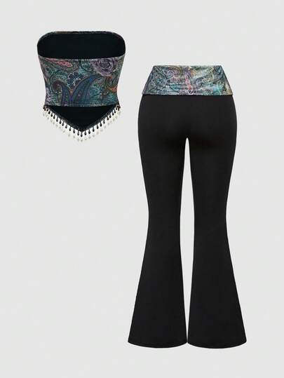 Hippie Retro Hippie Western Music Festival Wooden Bead Tassel Hem Paisley Print Bohemian Women's Set