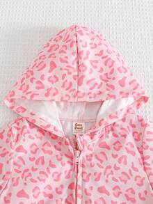 Cozy Pixies 女婴豹纹连帽长袖夹克，秋冬休闲百搭 - 粉色 - 查看 3