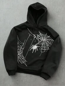 Manfinity EMRG Felpa con cappuccio casual da uomo a maniche lunghe con laccetti e motivo a ragnatela