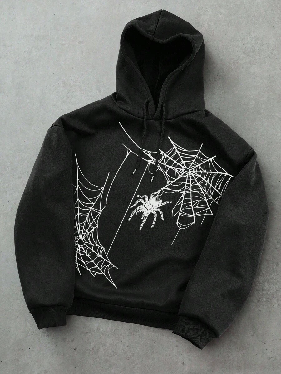 Manfinity EMRG Felpa con cappuccio casual da uomo a maniche lunghe con laccetti e motivo a ragnatela