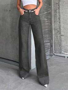 SHEIN Tall HÖG MIDJA100% Bomull Upprullade Jeans med Vida Ben - Ljusgrå - Visa 6