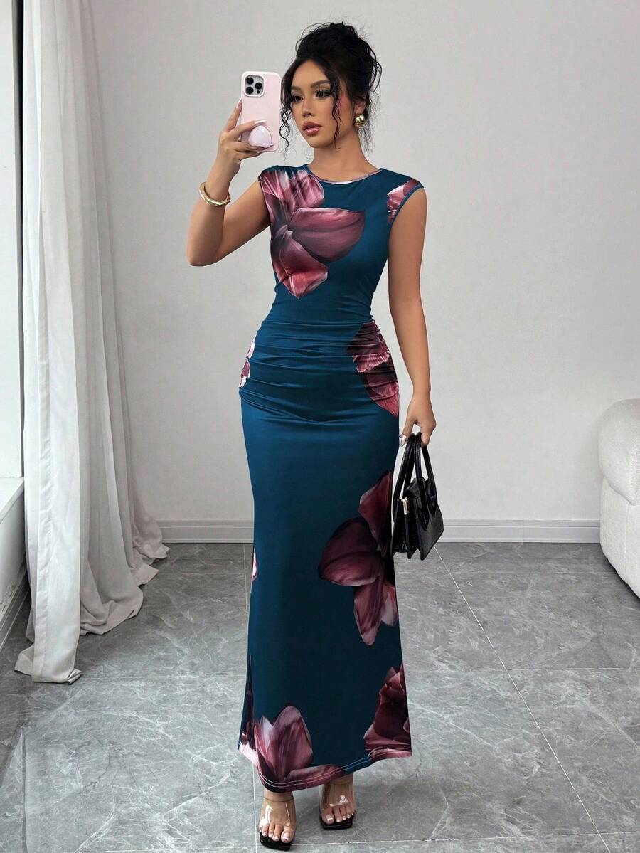 Elenzga Vacation Crew Neck Sleeveless Large Floral Print Simple Elegant Women's Dress - Blue - View 1