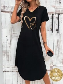 EMERY ROSE 女士休闲心形印花简约 V 领短袖宽松长连衣裙 - 黑色 - 查看 1