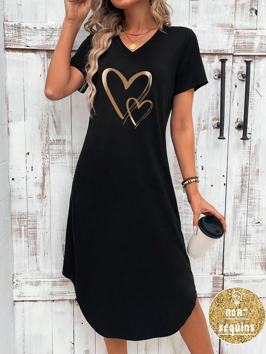 EMERY ROSE 女士休闲心形印花简约 V 领短袖宽松长连衣裙 - 黑色 - 查看 1