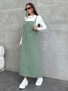 EURMUSE WOMEN LONG DENIM DRESS POCKET DETAILED - Mint Green - View 4