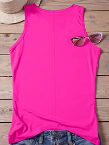 SHEIN LUNE Plus Size Casual Coconut Tree Print Round Neck Tank Top, Summer - Hot Pink - View 2