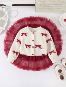 SHEIN Playful Pals 2 Pieces Baby Girls Outfit: Apricot Long Sleeve Cardigan With Bow Decor Top + Burgundy Tulle Cake Skirt, Set For Autumn/Winter Fall - Burgundy - View 1