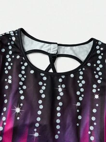 SHEIN 青少年女孩休闲运动体操瑜伽高弹力扎染水钻印花露背镂空连体裤 - 玫紅色 - 查看 6