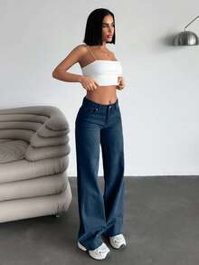 EURMUSE Casual Washed Star Print Low Waist Straight Leg Jeans - Dark Wash - View 2